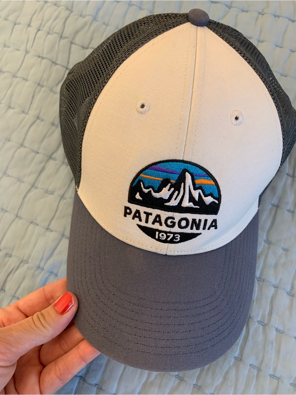Patagonia Trucker Hat - White Front with Gray Brim and Mesh, Multicolor Logo